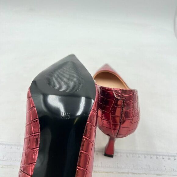 FOWT Simple Solid Croc-Embossed Pointed Toe Black Pumps for Women Red Shoes - Picture 6 of 8